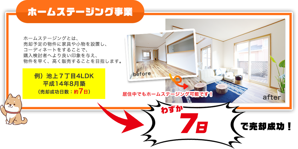 対策４、ホームステージング事業でわずか7日で売却が成功した例もあります！ホームステージングとは、売却予定の物件に家具等を設置し、コーディネートをすることで、物件を早く、高く販売することを目指します。